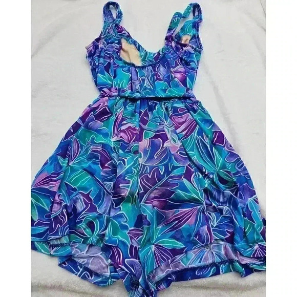 Vtg 90s Le Cove Women's Purple and Teal Flower One-piece Romper Swimsuit - Picture 2 of 7